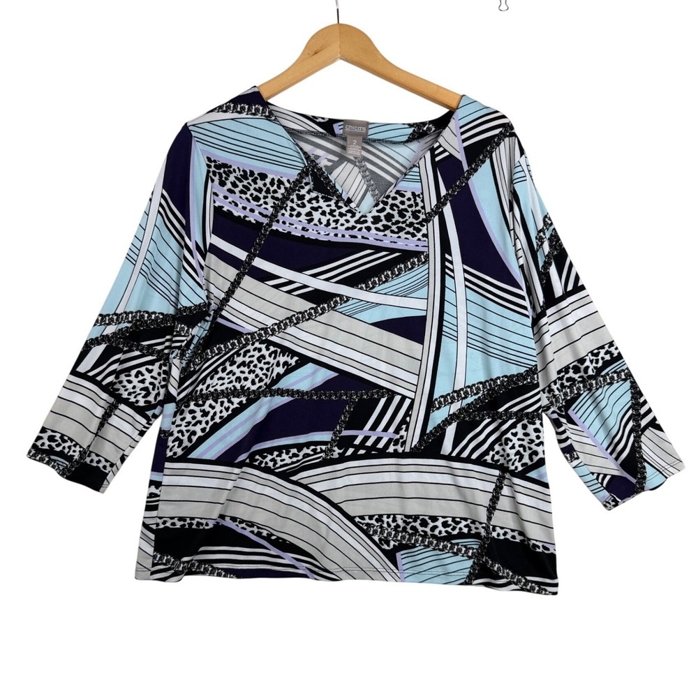 Chicos Striped/Animal Print Long Sleeve Blouse size Large Black/Tan/Multicolor